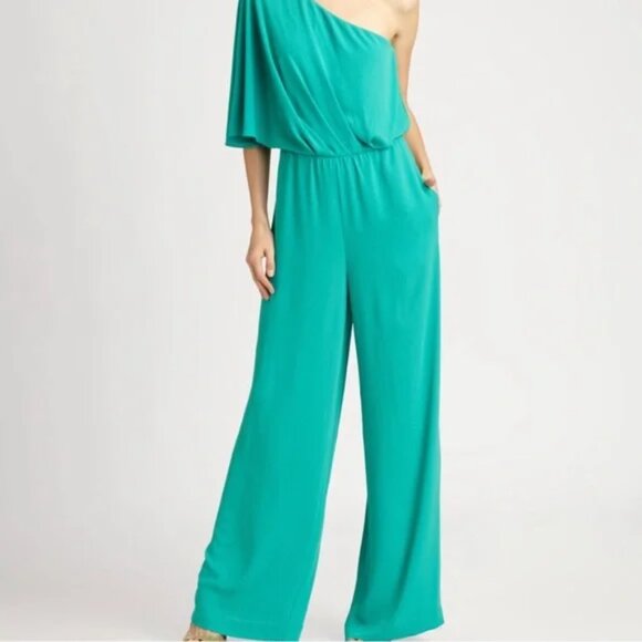 BCBGMaxAzria Size 8 Teal Green One Shoulder Drape Jumpsuit - Picture 10 of 10